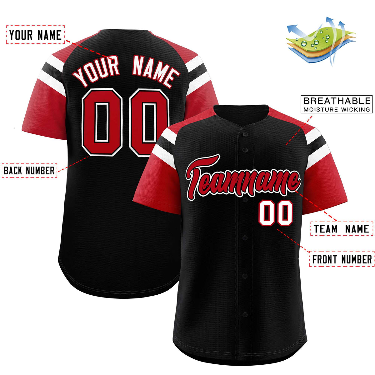 Custom Black Red Contrast Raglan Sleeves Authentic Baseball Jersey| KXKSHOP