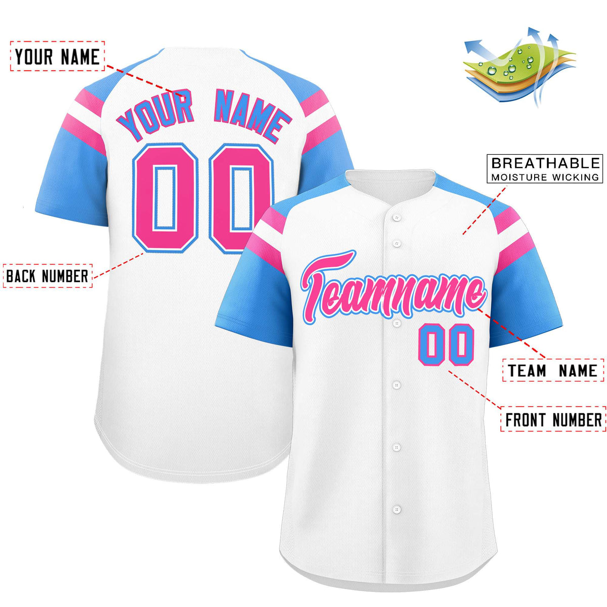Custom White Powder Blue Contrast Raglan Sleeves Authentic Baseball Jersey| KXKSHOP