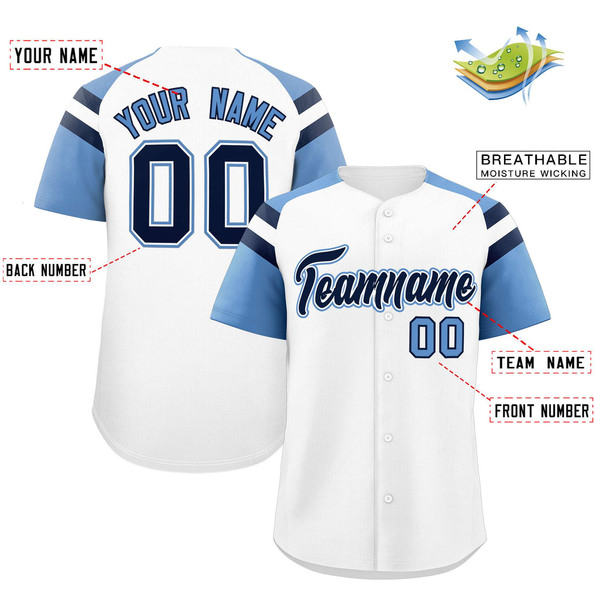Custom White Light Blue Contrast Raglan Sleeves Authentic Baseball Jersey| KXKSHOP