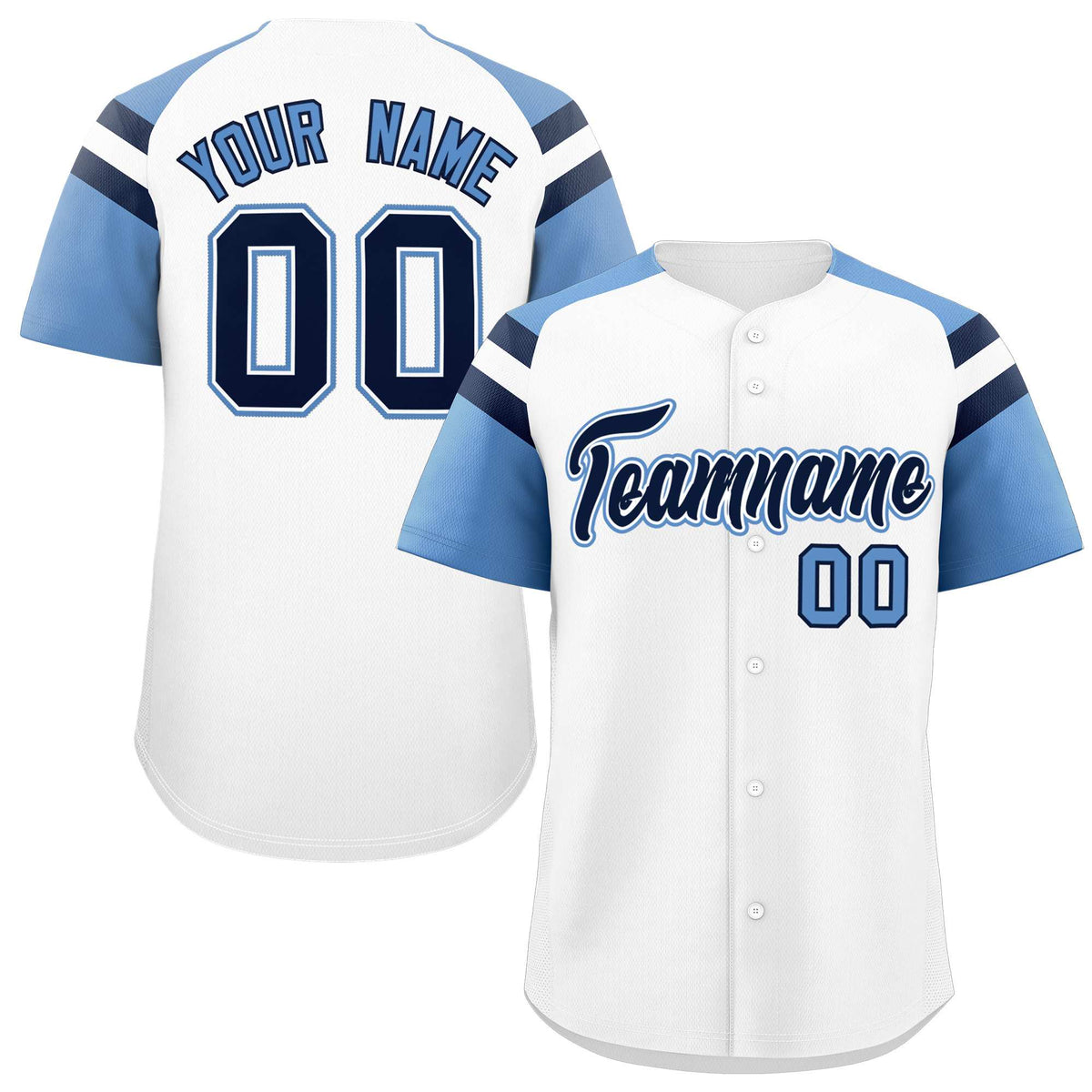 Custom White Light Blue Contrast Raglan Sleeves Authentic Baseball Jersey| KXKSHOP