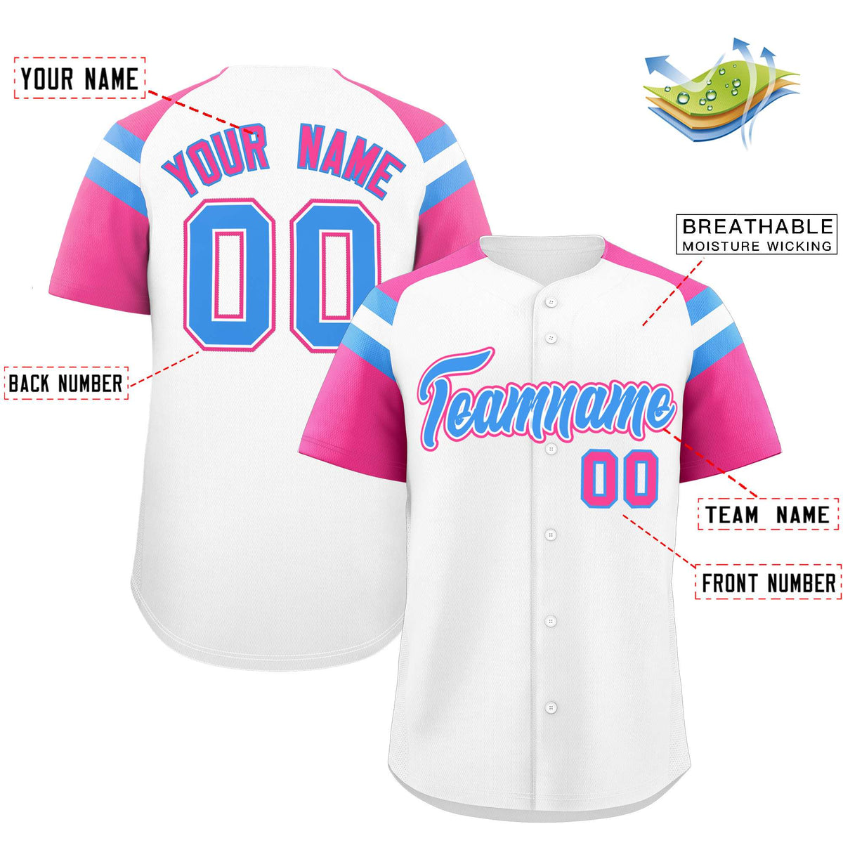 Custom White Pink Contrast Raglan Sleeves Authentic Baseball Jersey| KXKSHOP