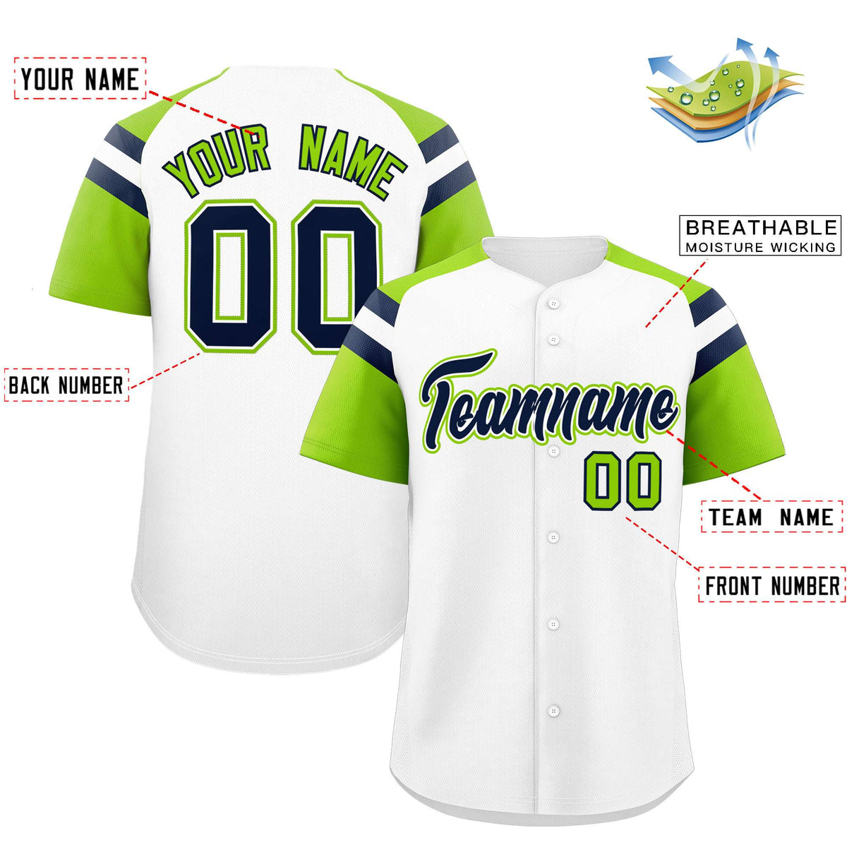 Custom White Neon Green Contrast Raglan Sleeves Authentic Baseball Jersey| KXKSHOP