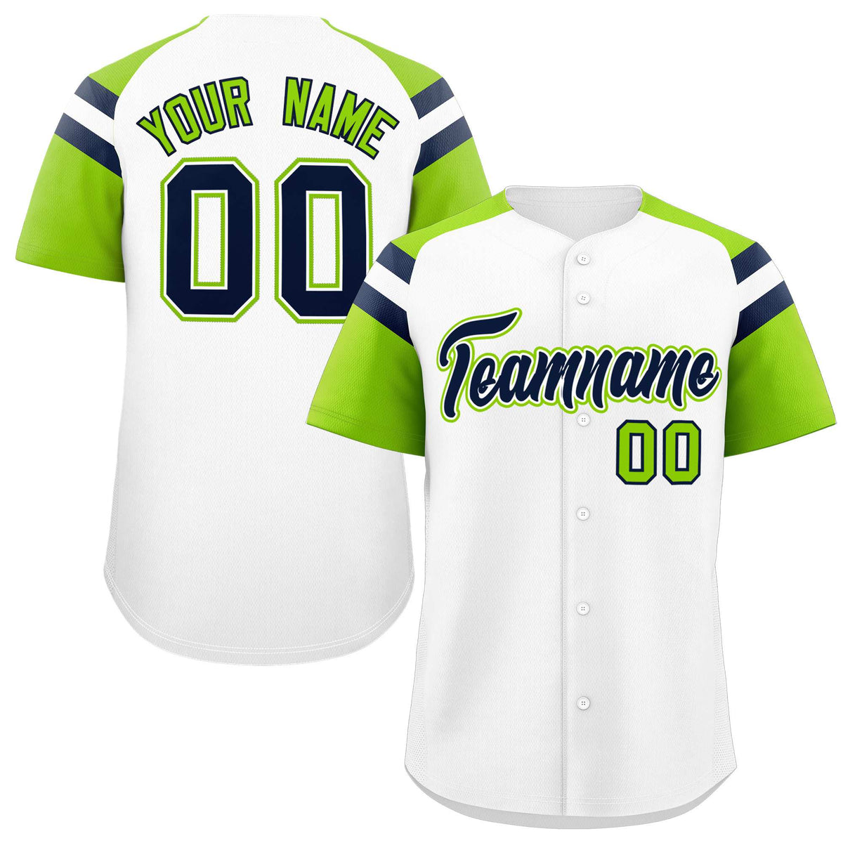Custom White Neon Green Contrast Raglan Sleeves Authentic Baseball Jersey| KXKSHOP