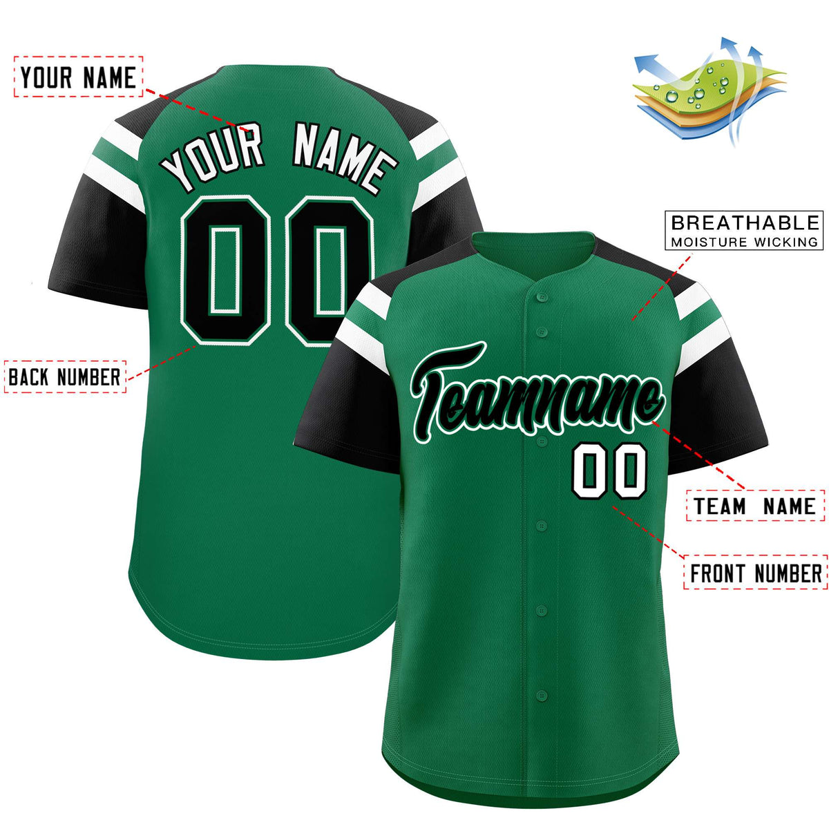 Custom Kelly Green Black Contrast Raglan Sleeves Authentic Baseball Jersey| KXKSHOP