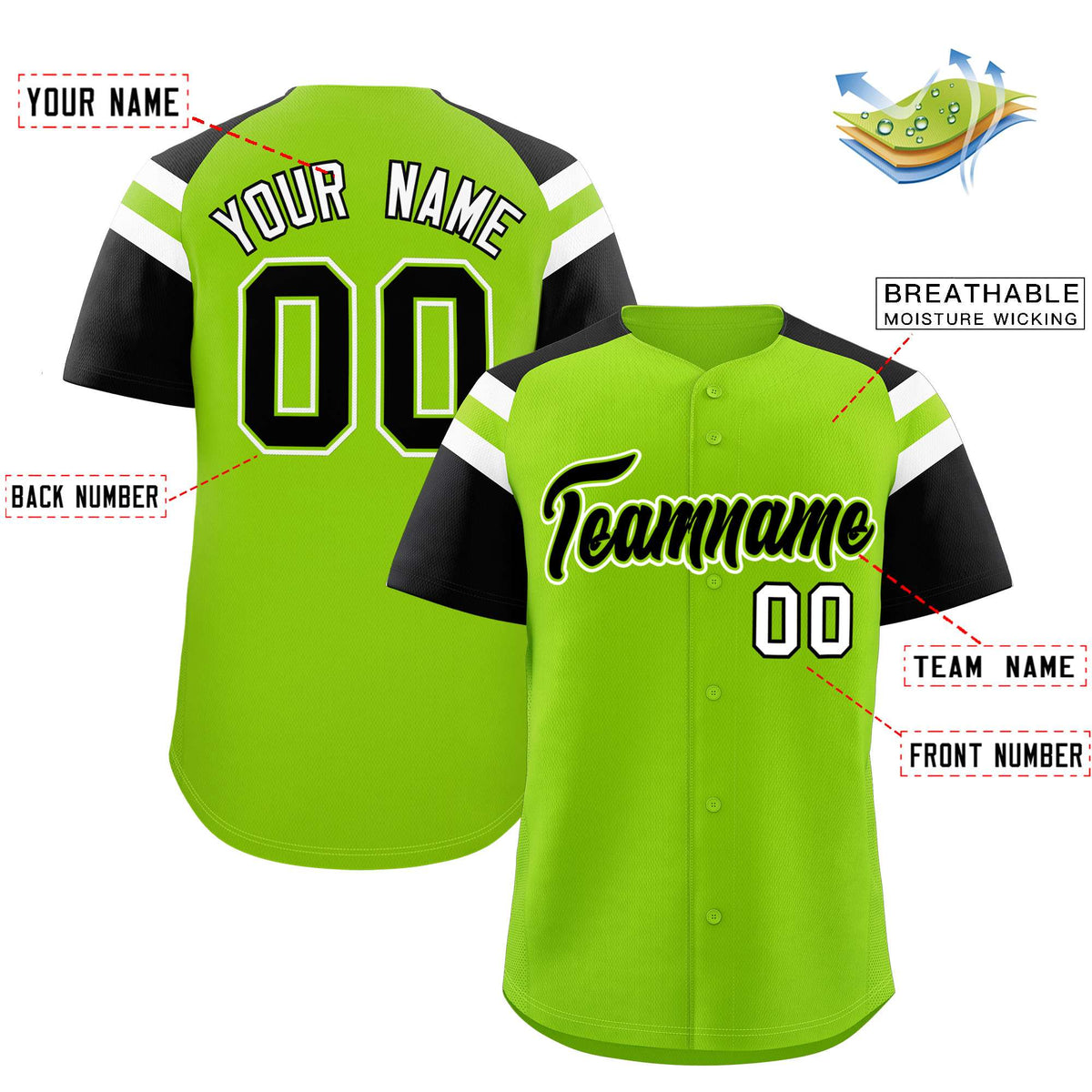Custom Neon Green Black Contrast Raglan Sleeves Authentic Baseball Jersey| KXKSHOP