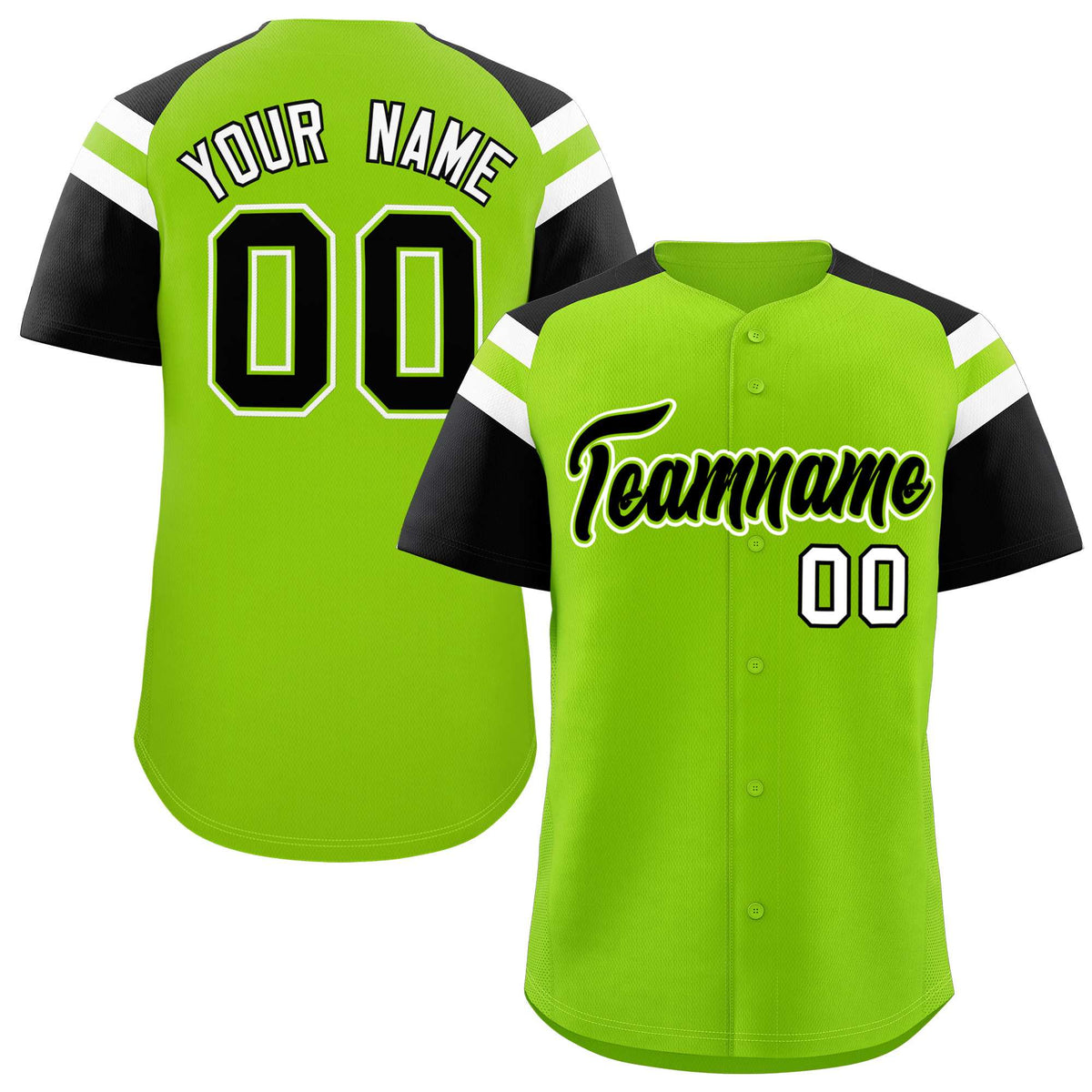 Custom Neon Green Black Contrast Raglan Sleeves Authentic Baseball Jersey| KXKSHOP
