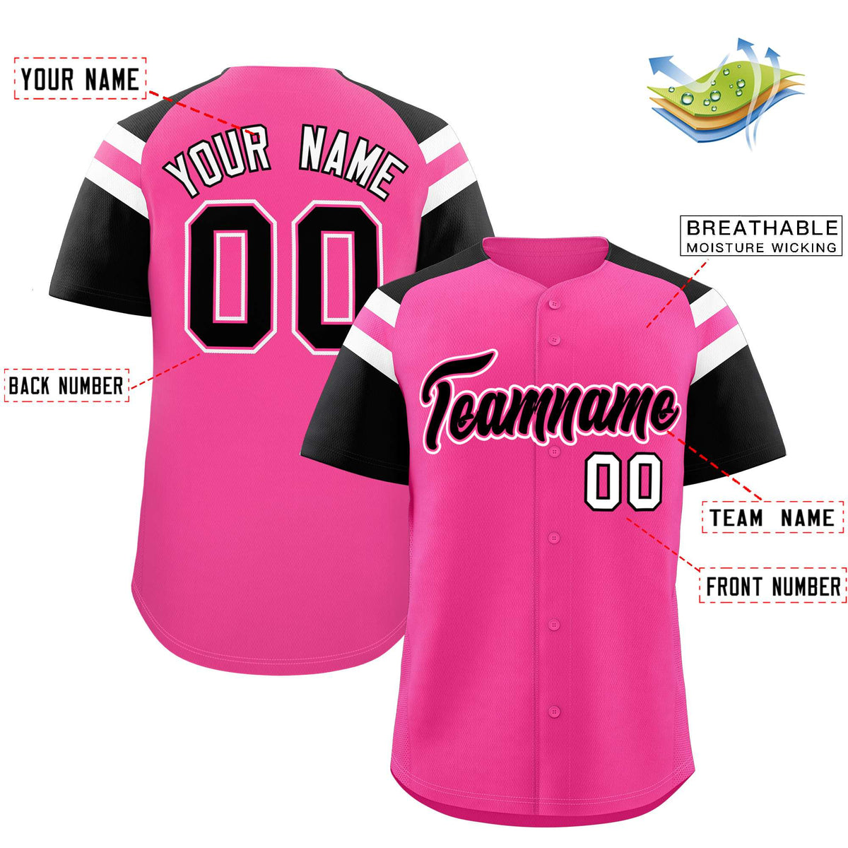 Custom Pink Black Contrast Raglan Sleeves Authentic Baseball Jersey| KXKSHOP