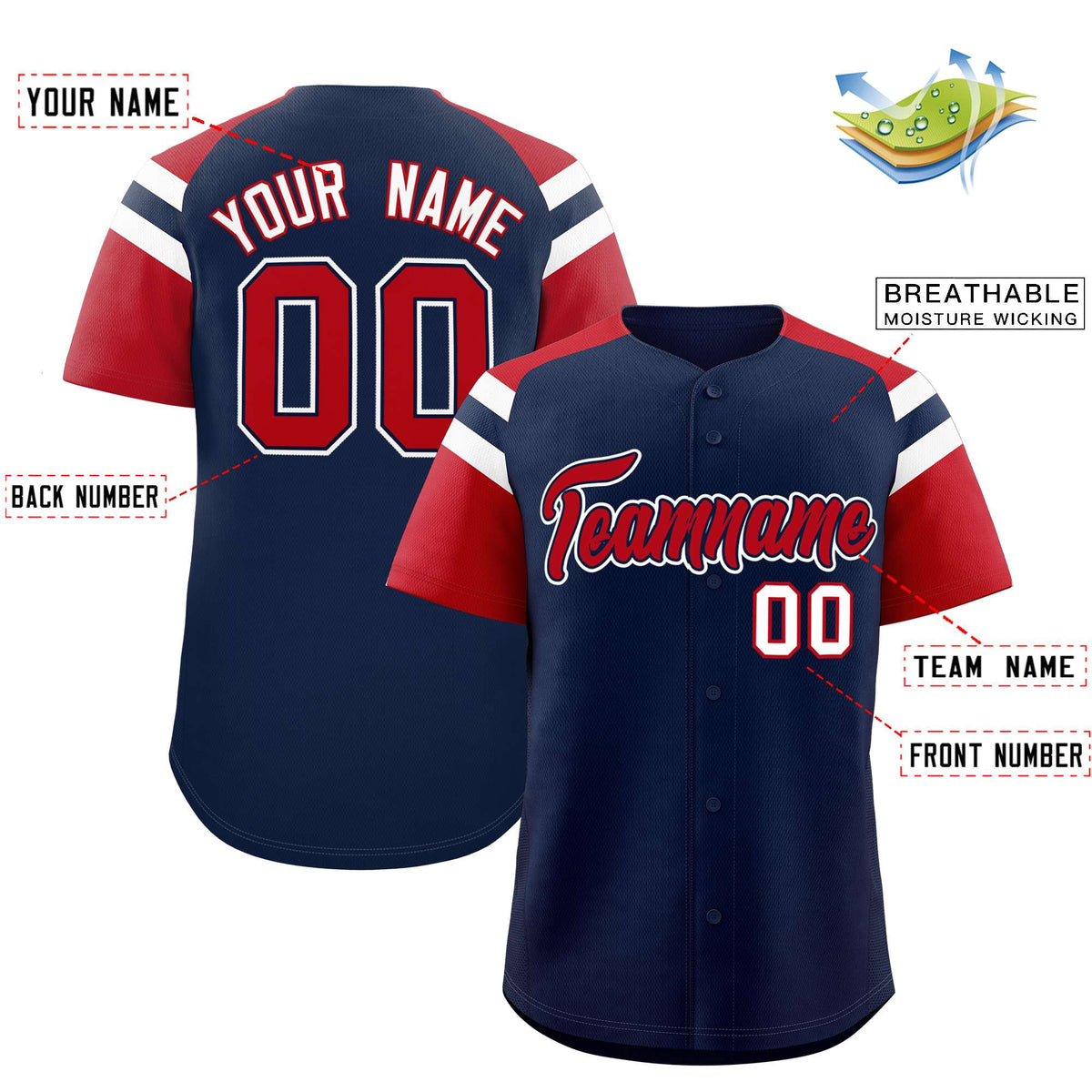 Custom Navy Red Contrast Raglan Sleeves Authentic Baseball Jersey| KXKSHOP