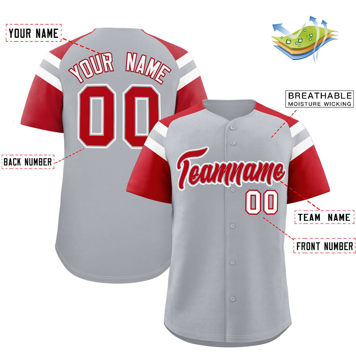 Custom Silver Red Contrast Raglan Sleeves Authentic Baseball Jersey| KXKSHOP
