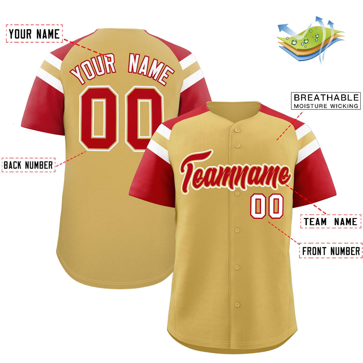 Custom Old Gold Red Contrast Raglan Sleeves Authentic Baseball Jersey| KXKSHOP