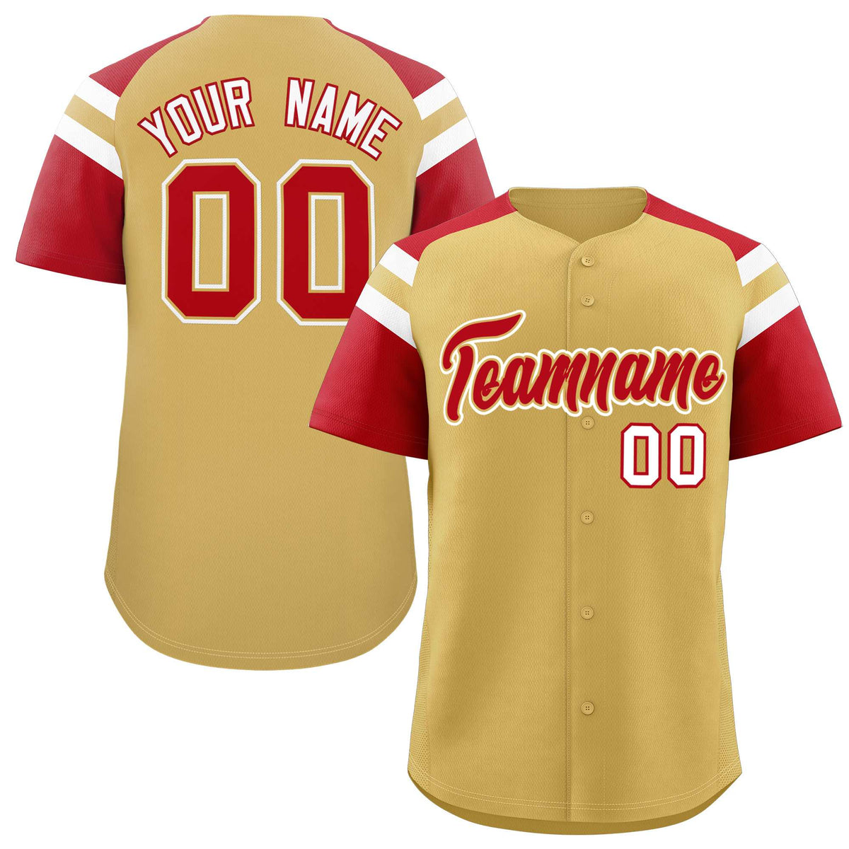 Custom Old Gold Red Contrast Raglan Sleeves Authentic Baseball Jersey| KXKSHOP
