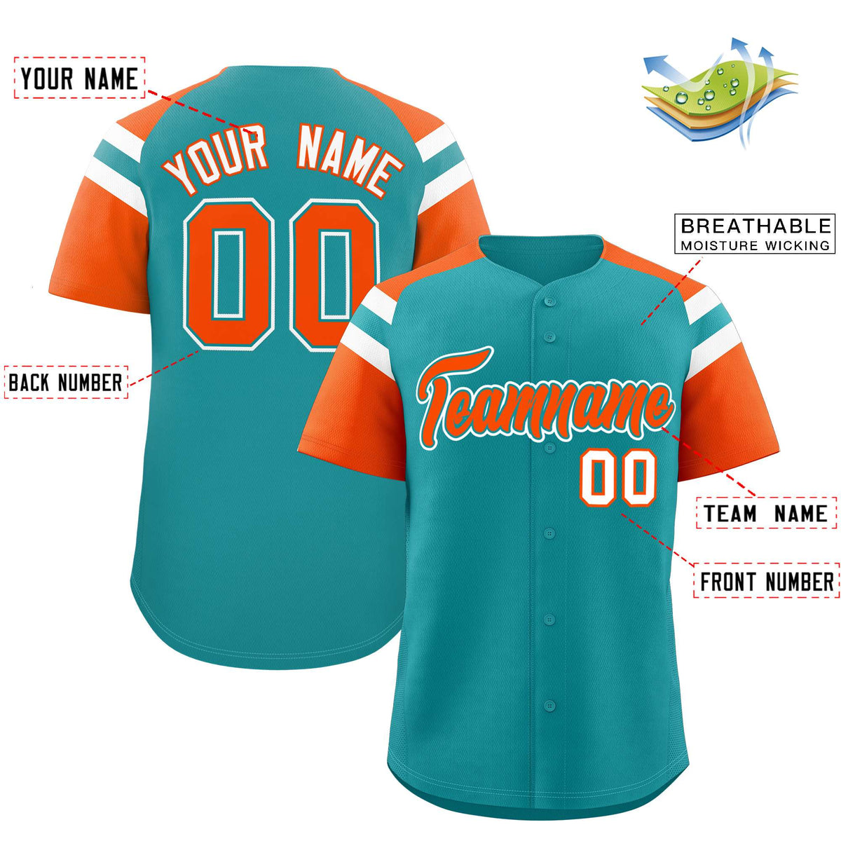 Custom Aqua Orange Contrast Raglan Sleeves Authentic Baseball Jersey| KXKSHOP