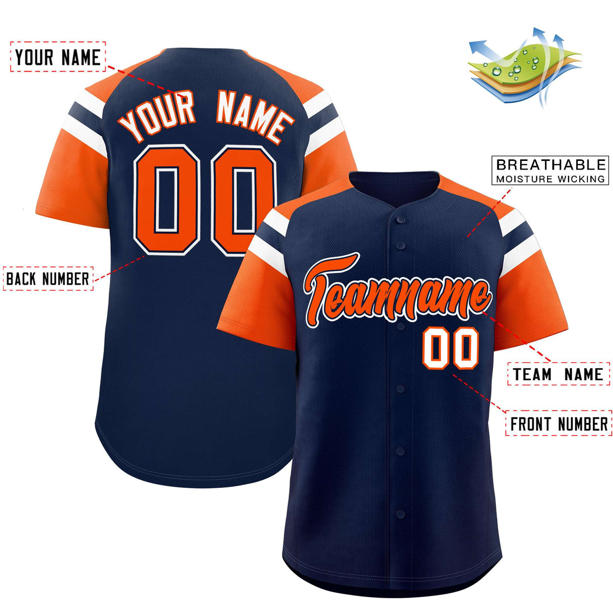 Custom Navy Orange Contrast Raglan Sleeves Authentic Baseball Jersey| KXKSHOP