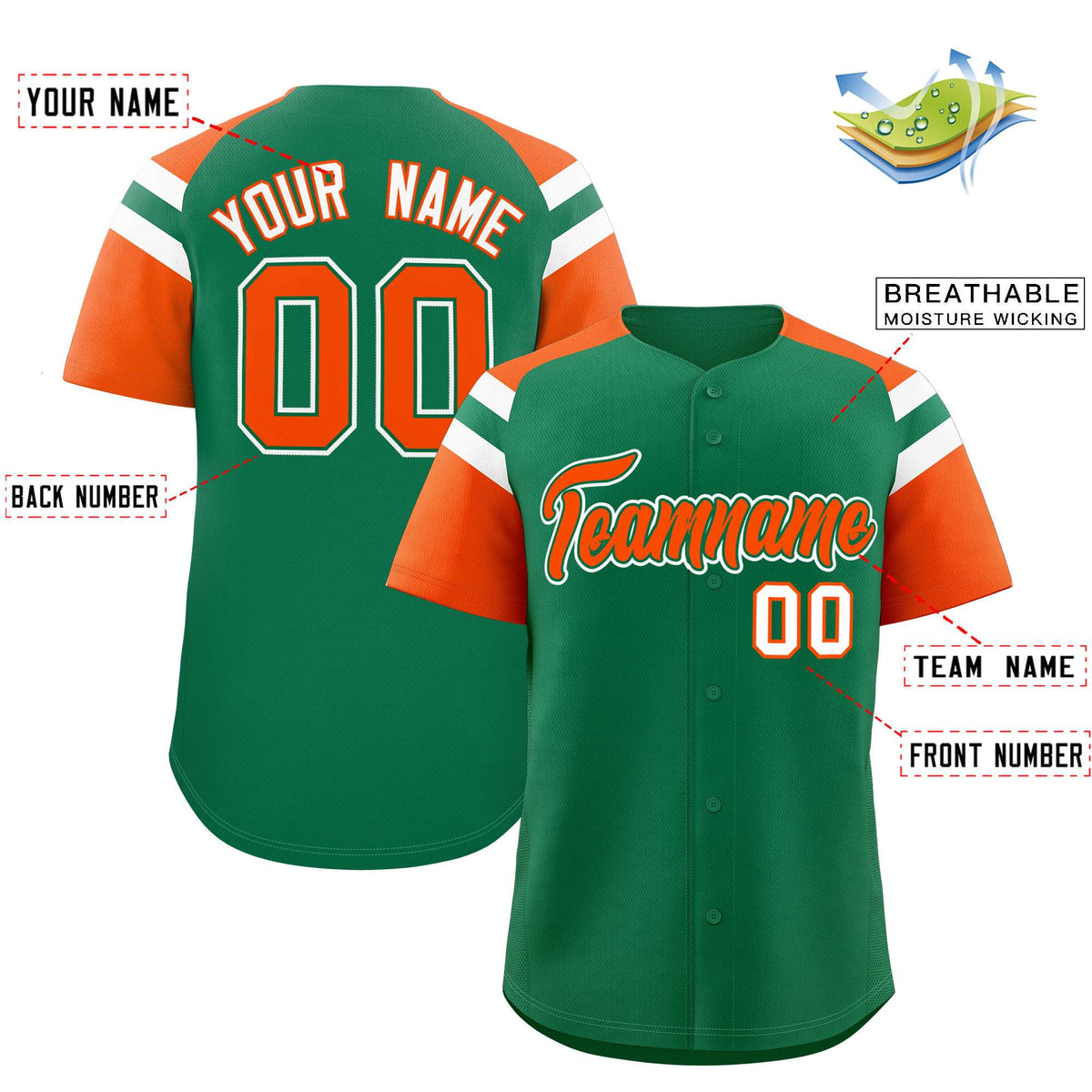 Custom Kelly Green Orange Contrast Raglan Sleeves Authentic Baseball Jersey| KXKSHOP