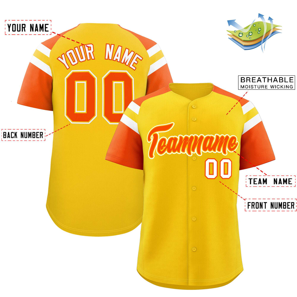 Custom Gold Orange Contrast Raglan Sleeves Authentic Baseball Jersey| KXKSHOP