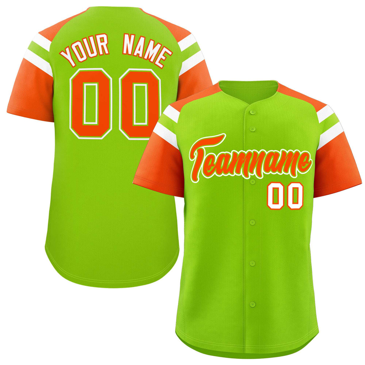 Custom Neon Green Orange Contrast Raglan Sleeves Authentic Baseball Jersey| KXKSHOP