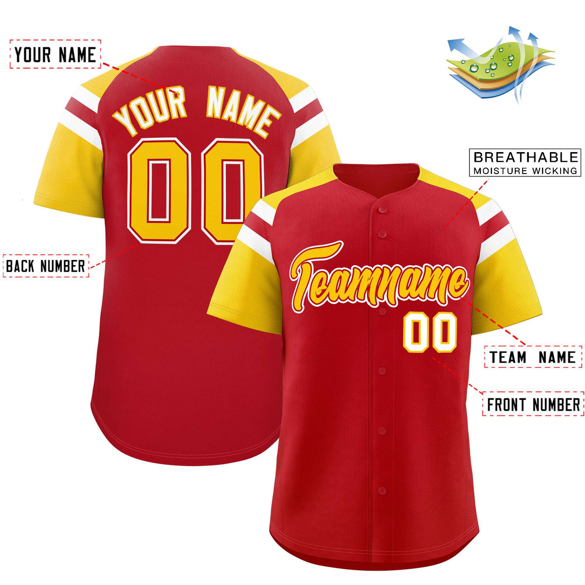 Custom Red Gold Contrast Raglan Sleeves Authentic Baseball Jersey| KXKSHOP