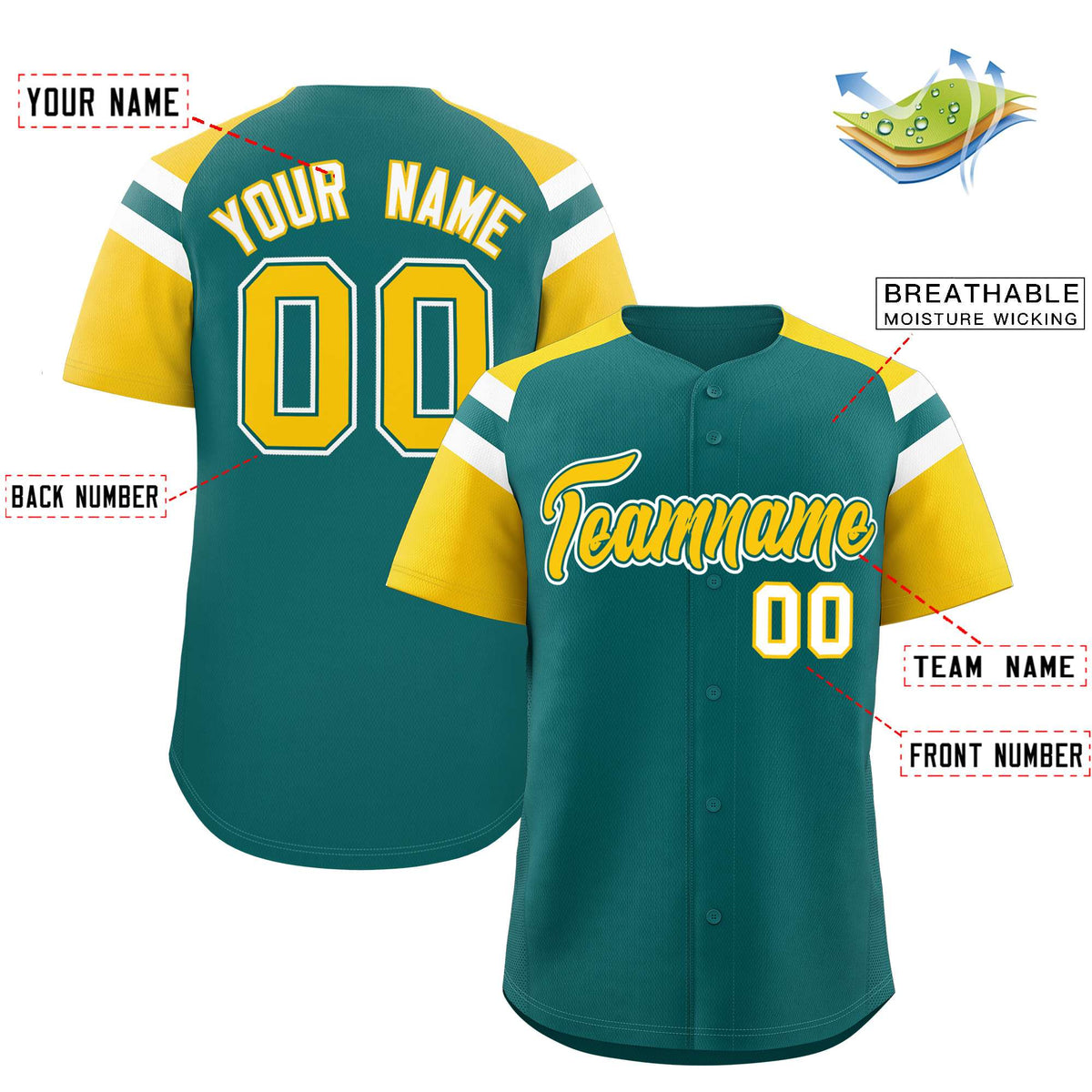 Custom Aqua Gold Contrast Raglan Sleeves Authentic Baseball Jersey| KXKSHOP