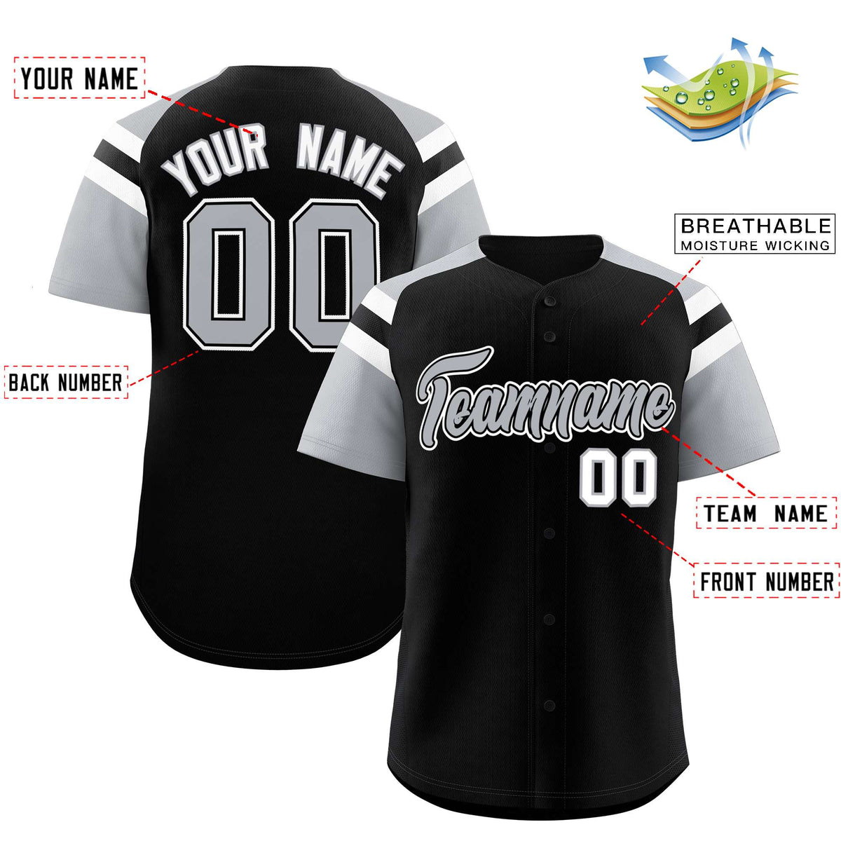 Custom Black Silver Contrast Raglan Sleeves Authentic Baseball Jersey| KXKSHOP