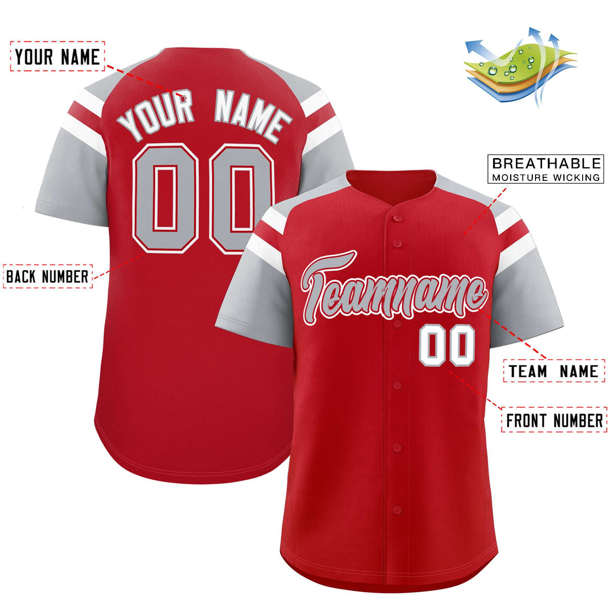 Custom Red Silver Contrast Raglan Sleeves Authentic Baseball Jersey| KXKSHOP