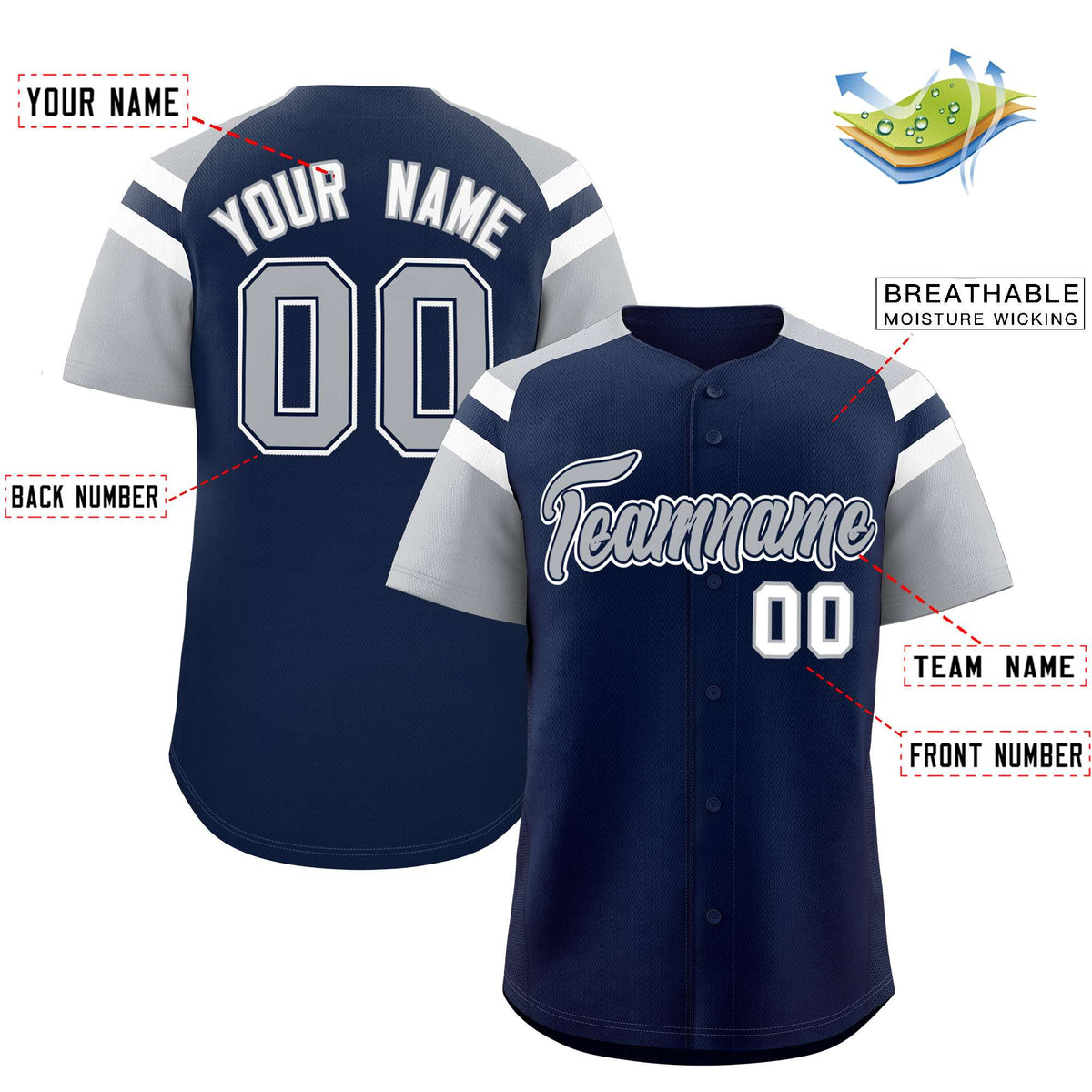 Custom Navy Silver Contrast Raglan Sleeves Authentic Baseball Jersey| KXKSHOP