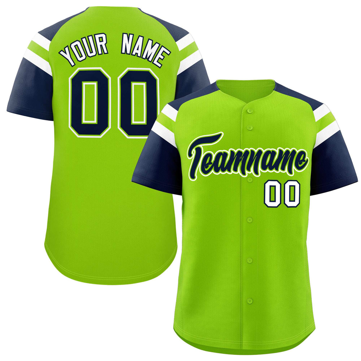 Custom Neon Green Navy Contrast Raglan Sleeves Authentic Baseball Jersey| KXKSHOP
