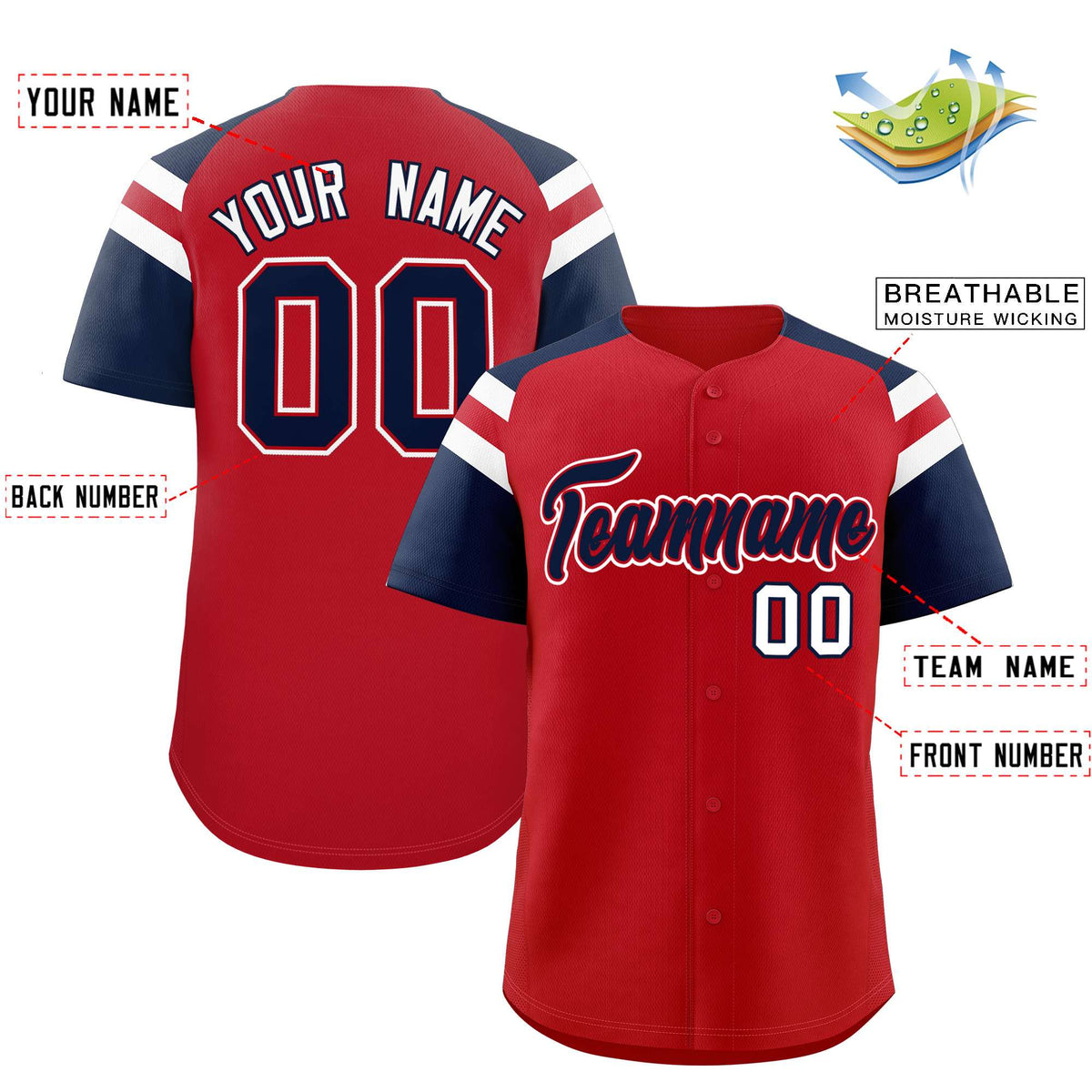 Custom Red Navy Contrast Raglan Sleeves Authentic Baseball Jersey| KXKSHOP