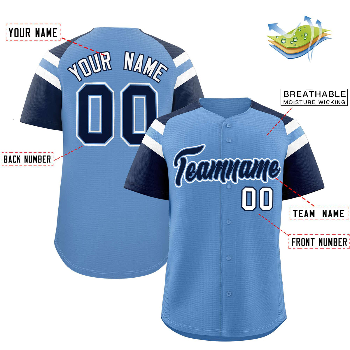 Custom Light Blue Navy Contrast Raglan Sleeves Authentic Baseball Jersey| KXKSHOP