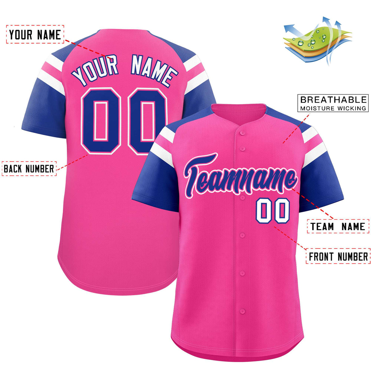 Custom Pink Royal Contrast Raglan Sleeves Authentic Baseball Jersey| KXKSHOP