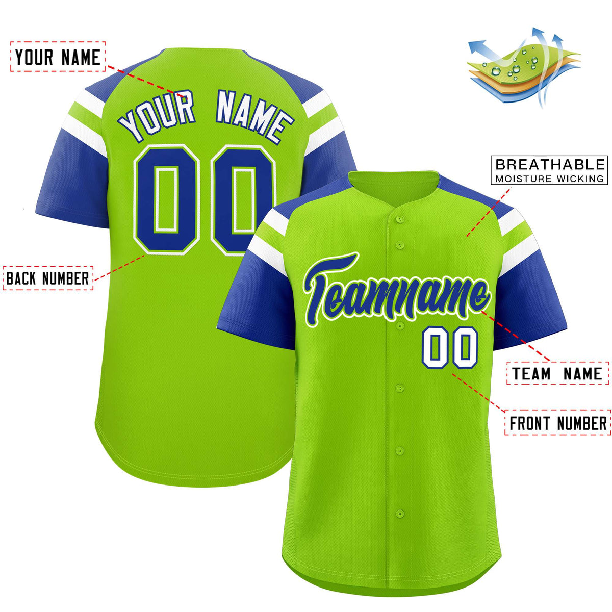 Custom Neon Green Royal Contrast Raglan Sleeves Authentic Baseball Jersey| KXKSHOP