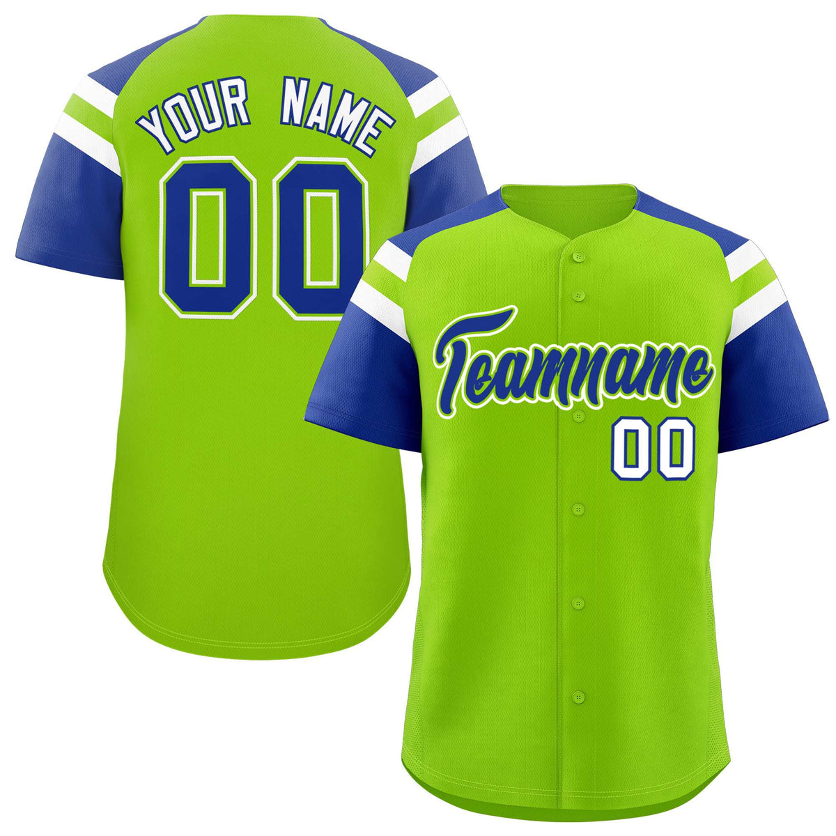 Custom Neon Green Royal Contrast Raglan Sleeves Authentic Baseball Jersey| KXKSHOP