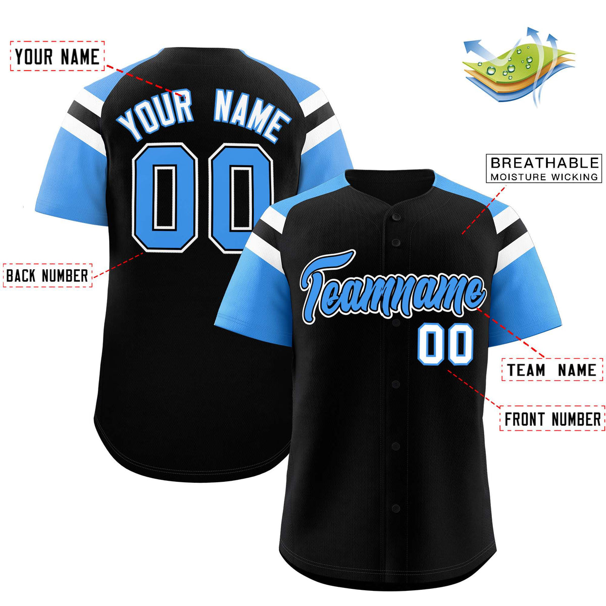 Custom Black Powder Blue Contrast Raglan Sleeves Authentic Baseball Jersey| KXKSHOP