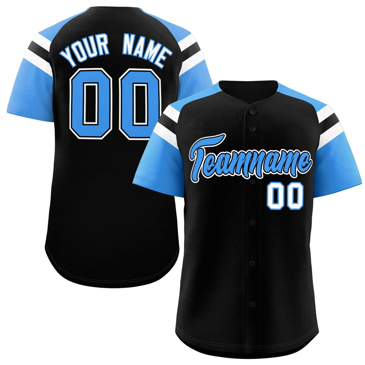 Custom Black Powder Blue Contrast Raglan Sleeves Authentic Baseball Jersey| KXKSHOP