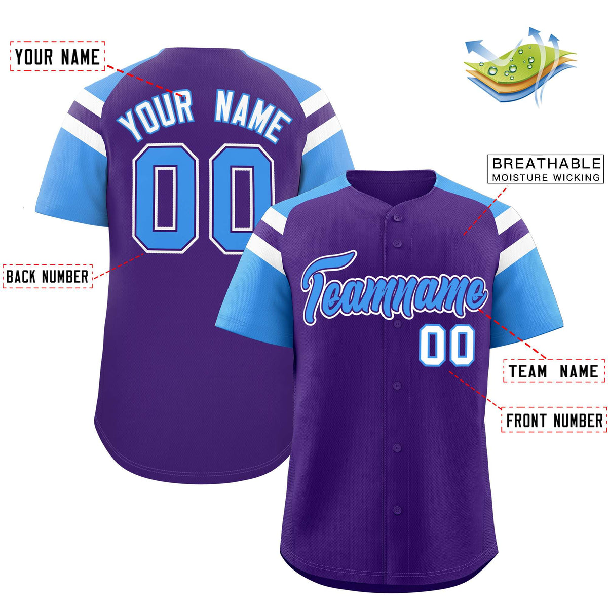 Custom Purple Powder Blue Contrast Raglan Sleeves Authentic Baseball Jersey| KXKSHOP
