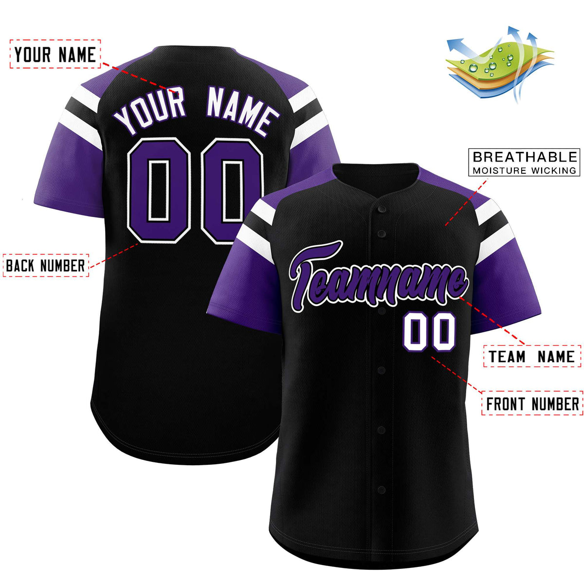 Custom Black Purple Contrast Raglan Sleeves Authentic Baseball Jersey| KXKSHOP