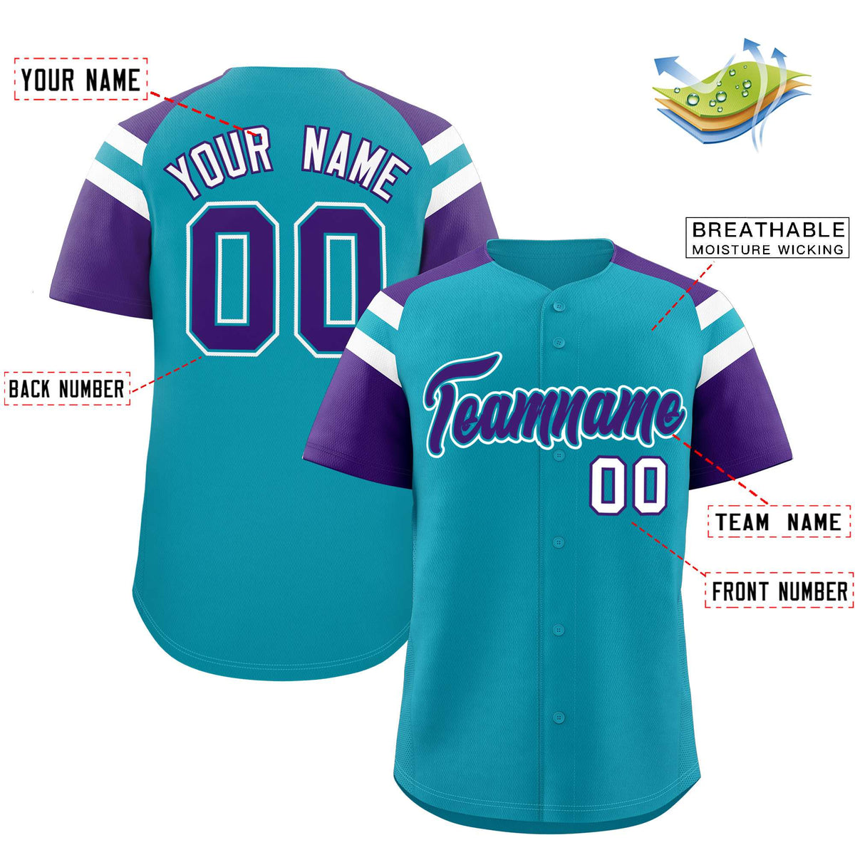Custom Aqua Purple Contrast Raglan Sleeves Authentic Baseball Jersey| KXKSHOP