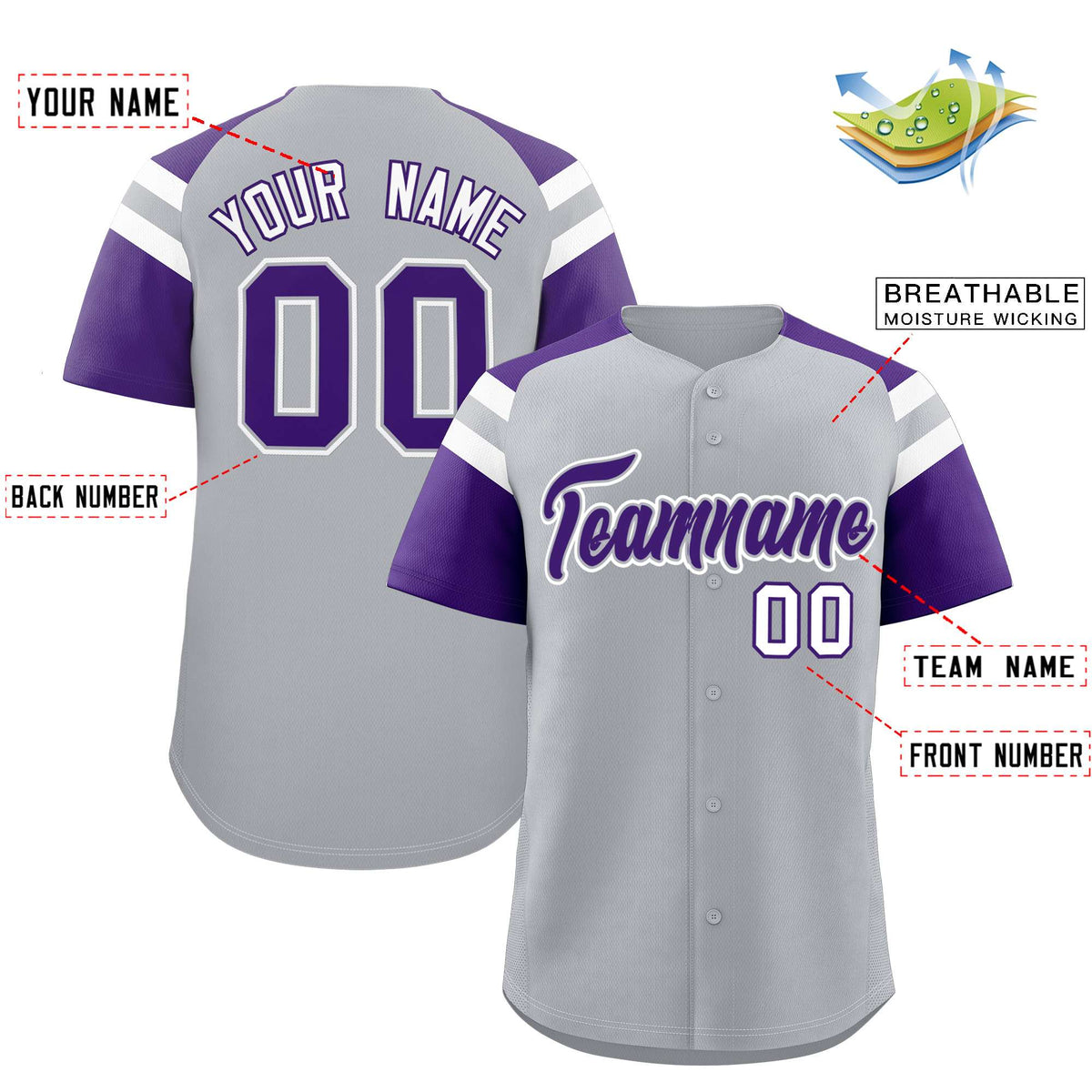 Custom Silver Purple Contrast Raglan Sleeves Authentic Baseball Jersey| KXKSHOP