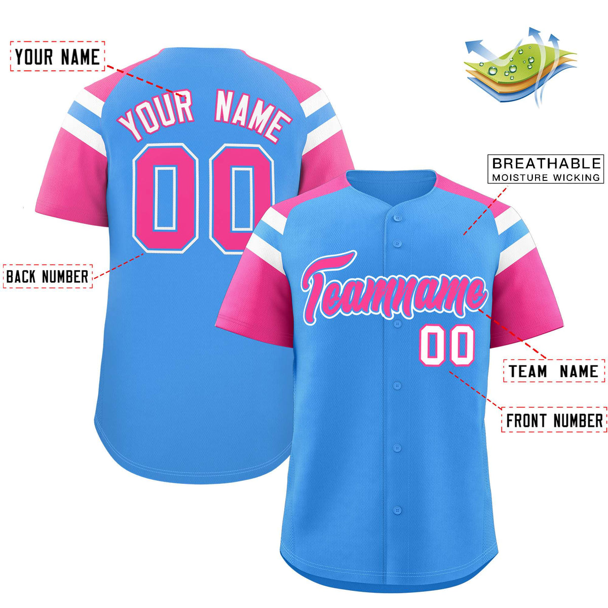 Custom Powder Blue Pink Contrast Raglan Sleeves Authentic Baseball Jersey| KXKSHOP