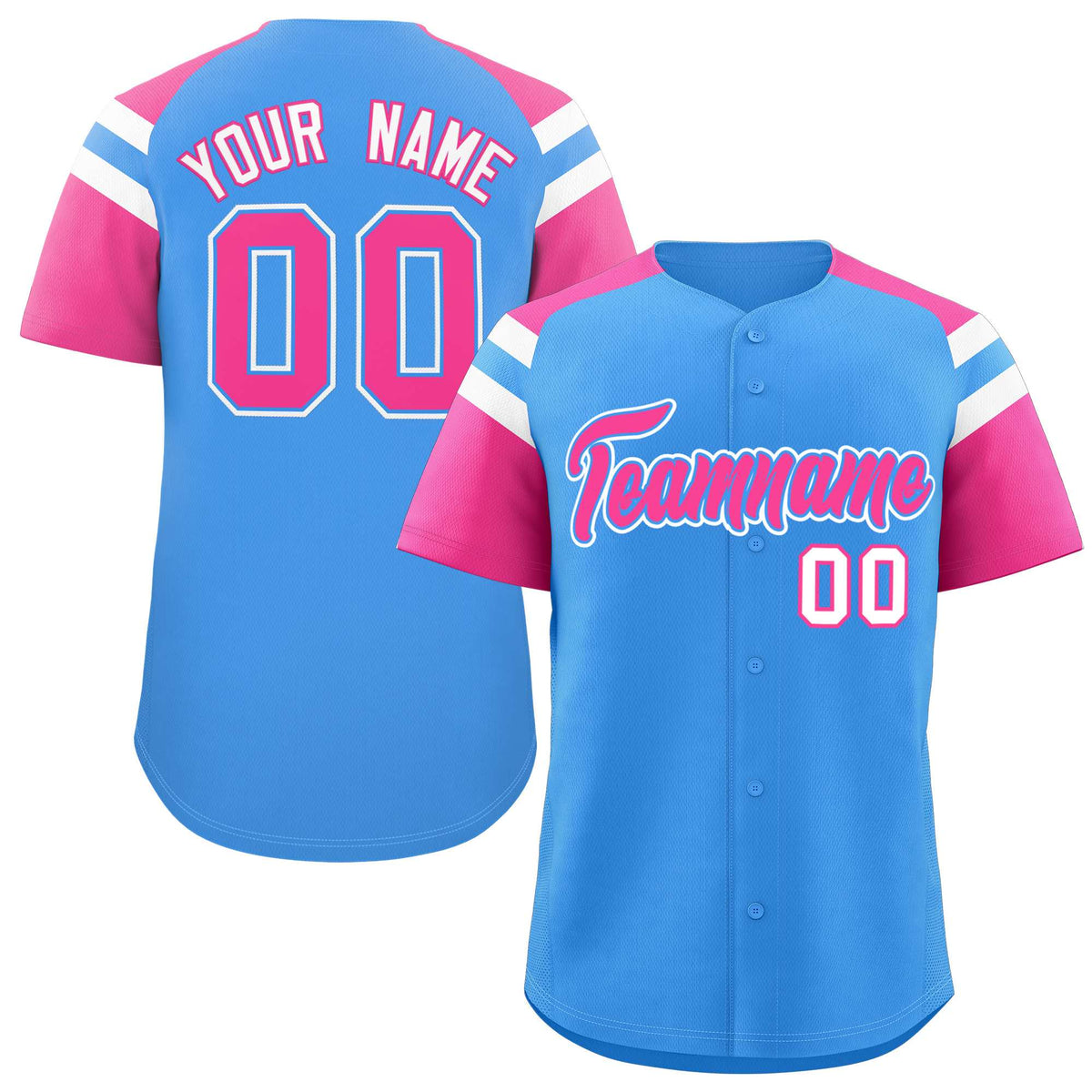 Custom Powder Blue Pink Contrast Raglan Sleeves Authentic Baseball Jersey| KXKSHOP