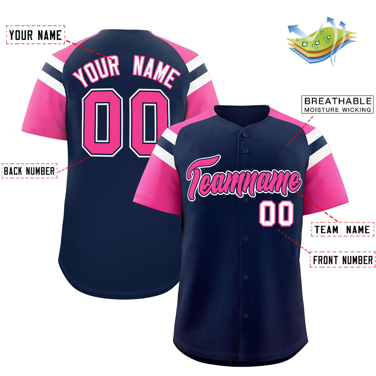 Custom Navy Pink Contrast Raglan Sleeves Authentic Baseball Jersey| KXKSHOP