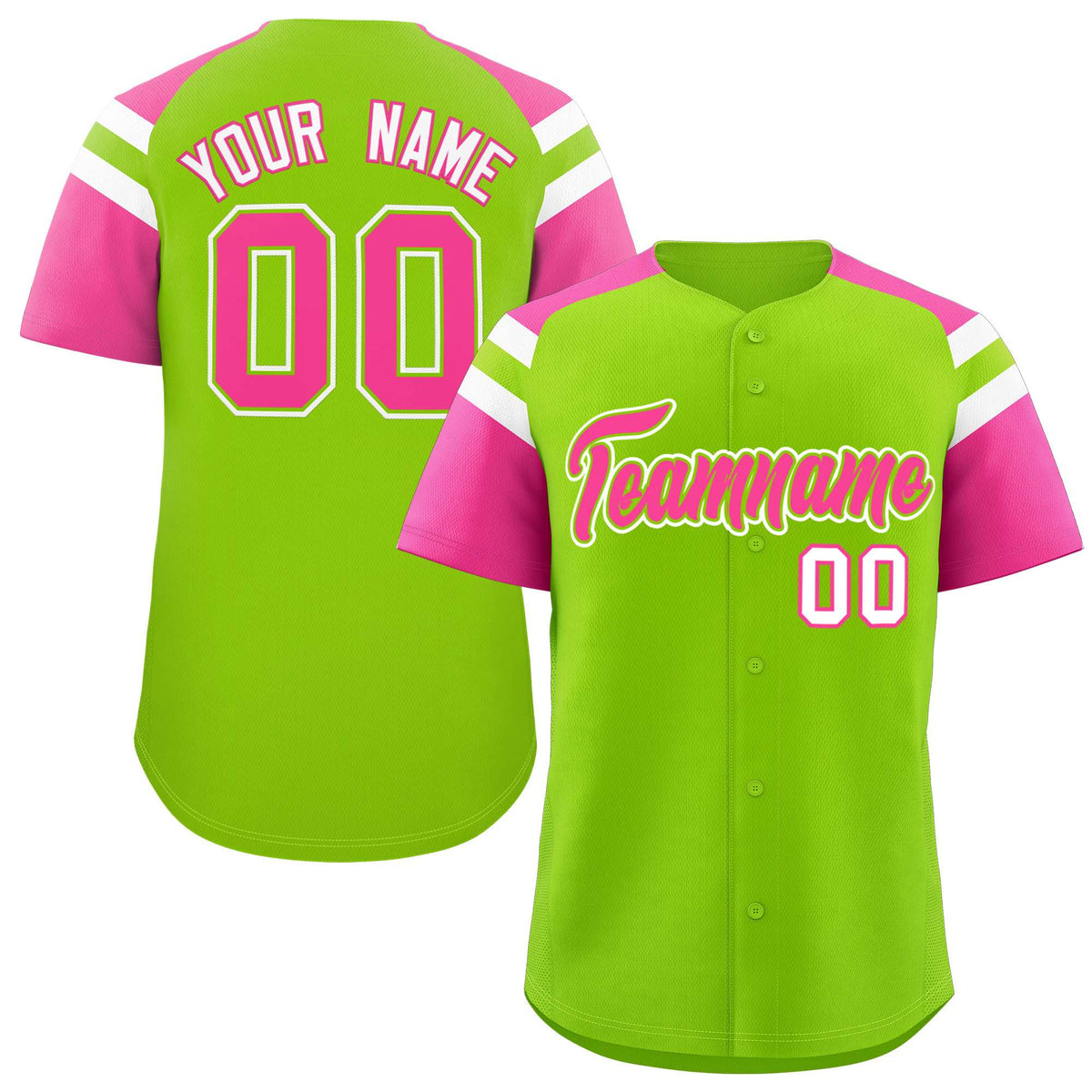 Custom Neon Green Pink Contrast Raglan Sleeves Authentic Baseball Jersey| KXKSHOP