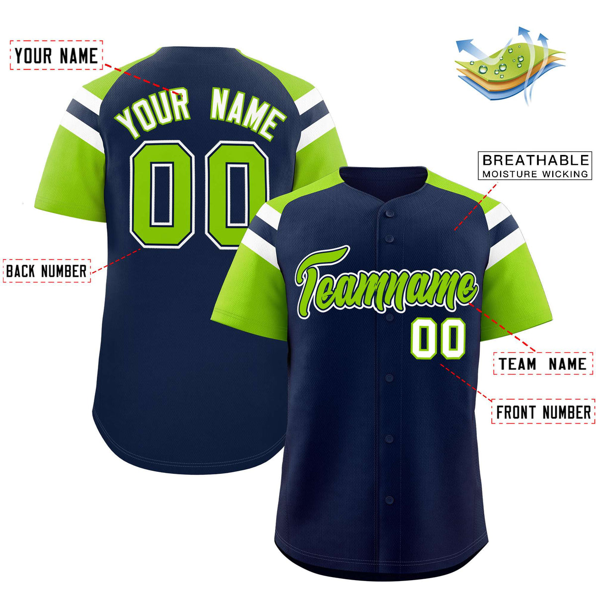 Custom Navy Neon Green Contrast Raglan Sleeves Authentic Baseball Jersey| KXKSHOP