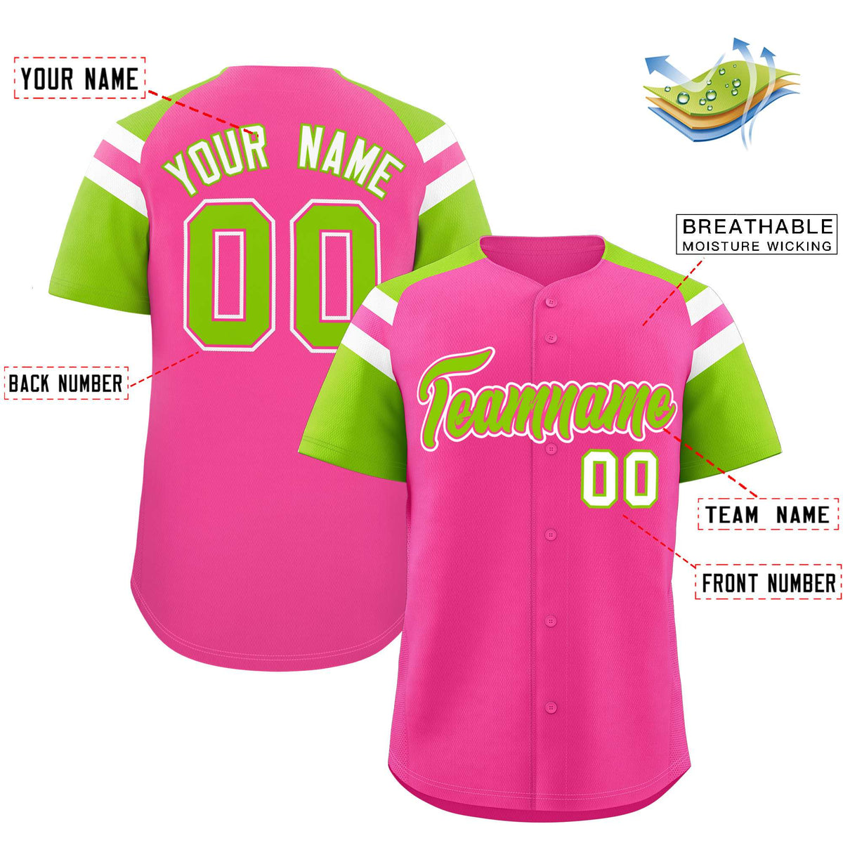 Custom Pink Neon Green Contrast Raglan Sleeves Authentic Baseball Jersey| KXKSHOP