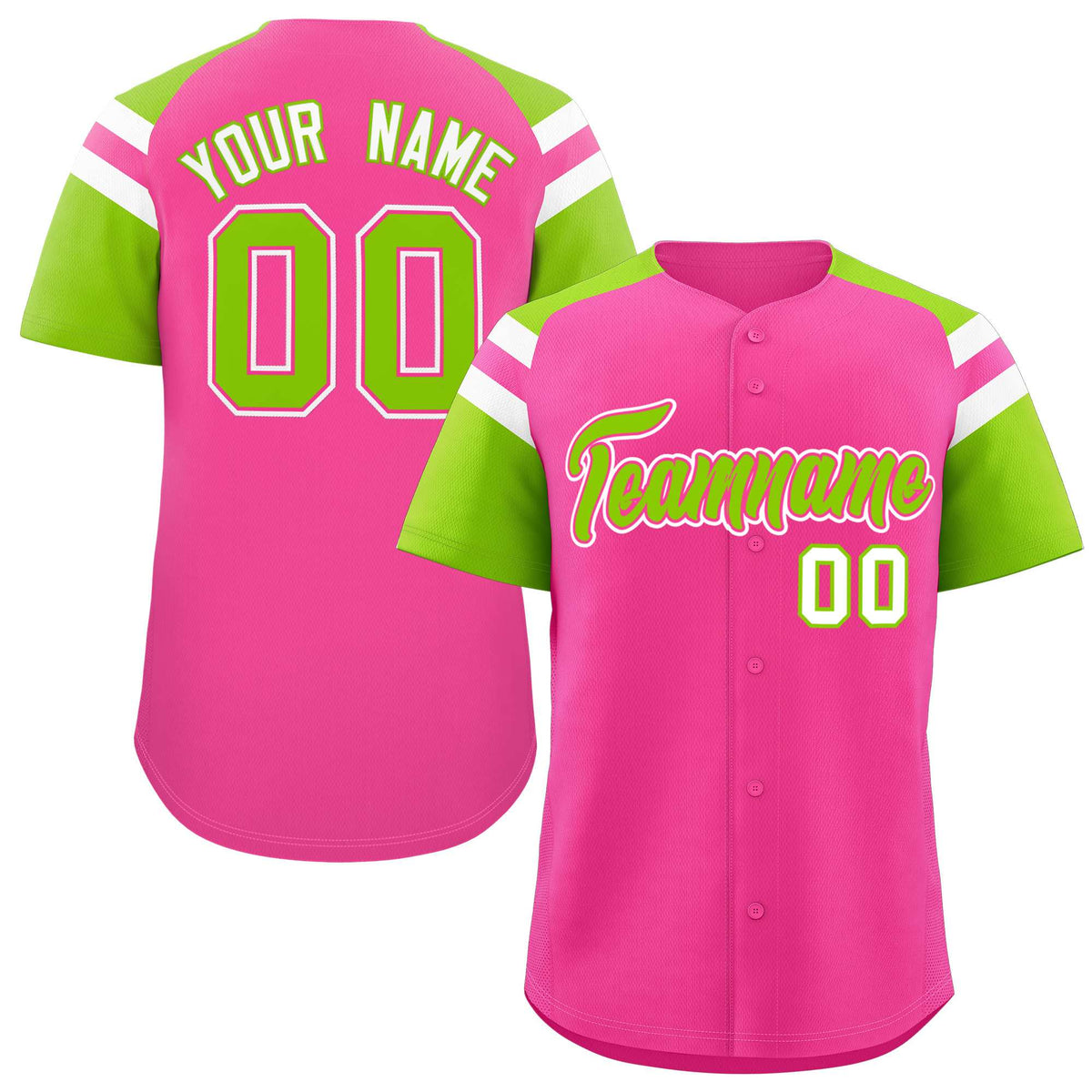 Custom Pink Neon Green Contrast Raglan Sleeves Authentic Baseball Jersey| KXKSHOP