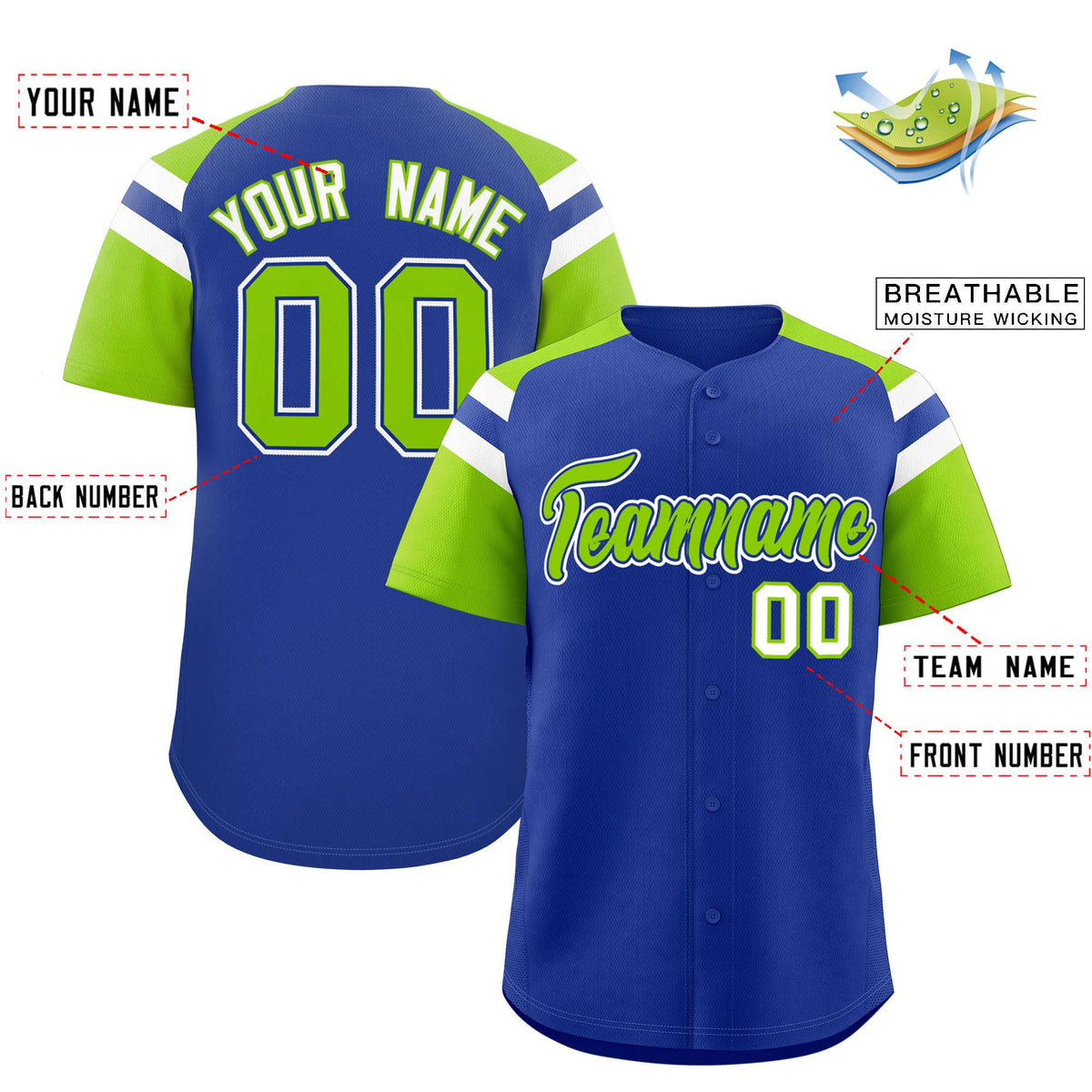 Custom Royal Neon Green Contrast Raglan Sleeves Authentic Baseball Jersey| KXKSHOP