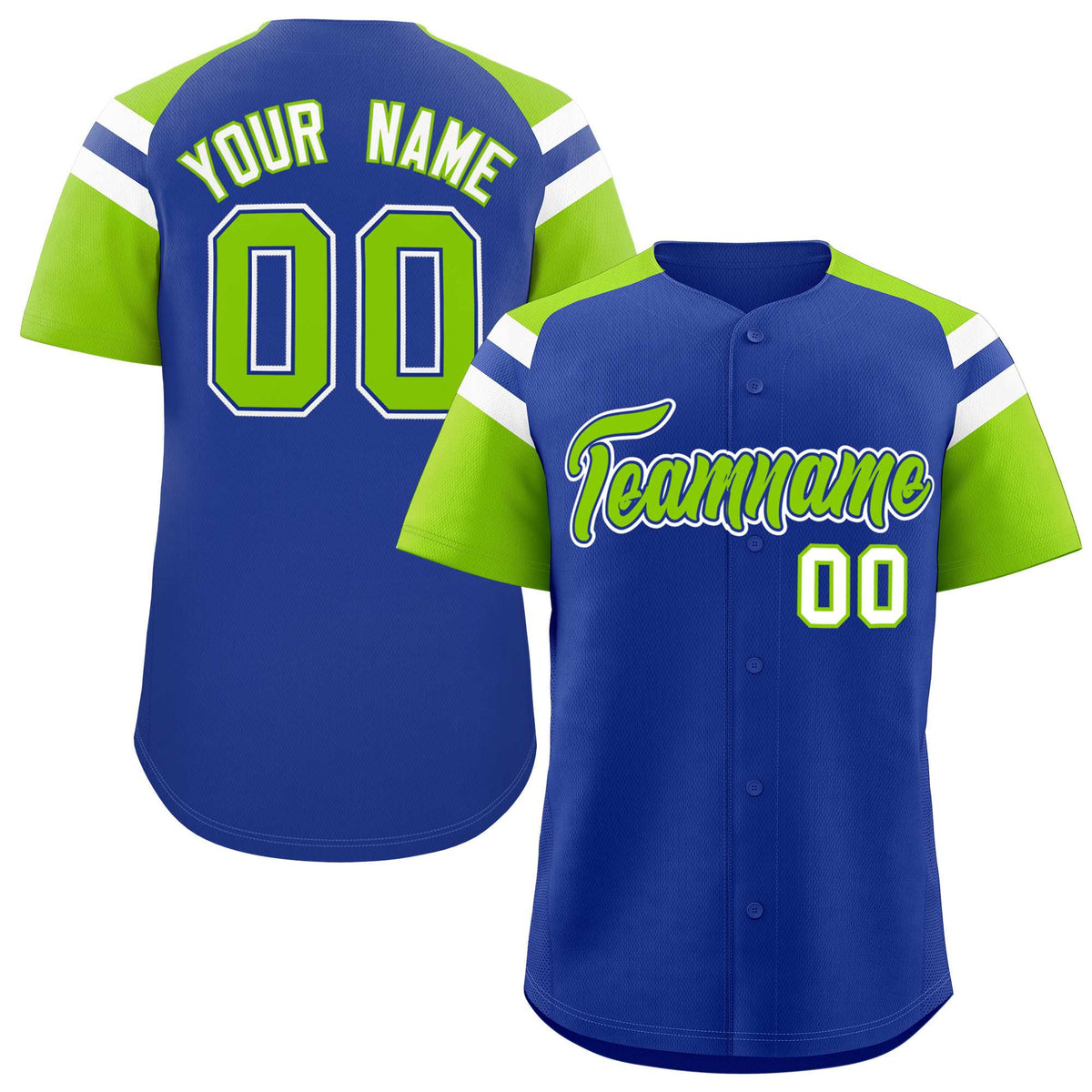 Custom Royal Neon Green Contrast Raglan Sleeves Authentic Baseball Jersey| KXKSHOP