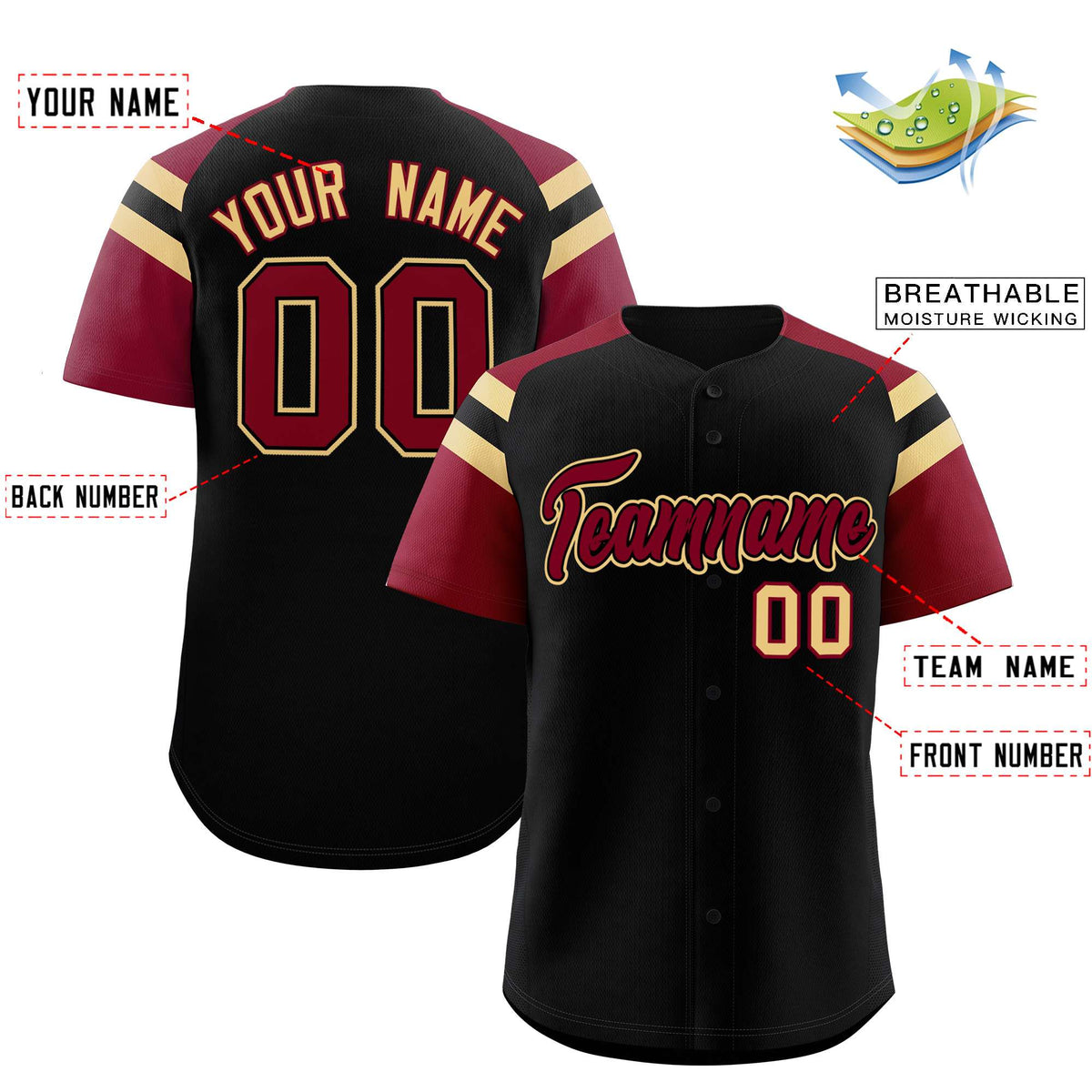 Custom Black Crimson Contrast Raglan Sleeves Authentic Baseball Jersey| KXKSHOP