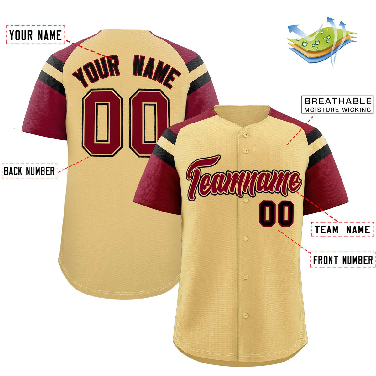 Custom Khaki Crimson Contrast Raglan Sleeves Authentic Baseball Jersey| KXKSHOP