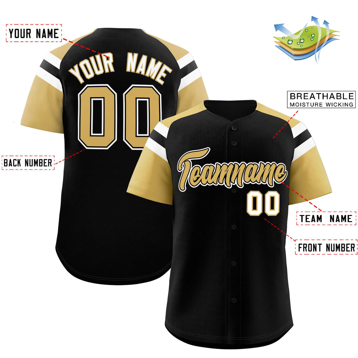 Custom Black Old Gold Contrast Raglan Sleeves Authentic Baseball Jersey| KXKSHOP