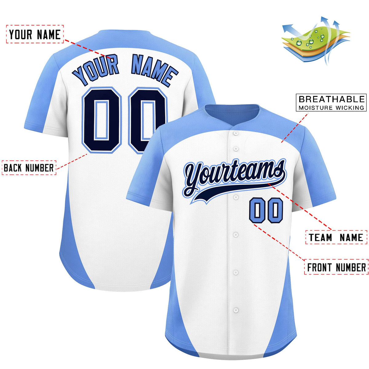 Custom White Light Blue Personalized Edge Color Block Authentic Baseball Jersey